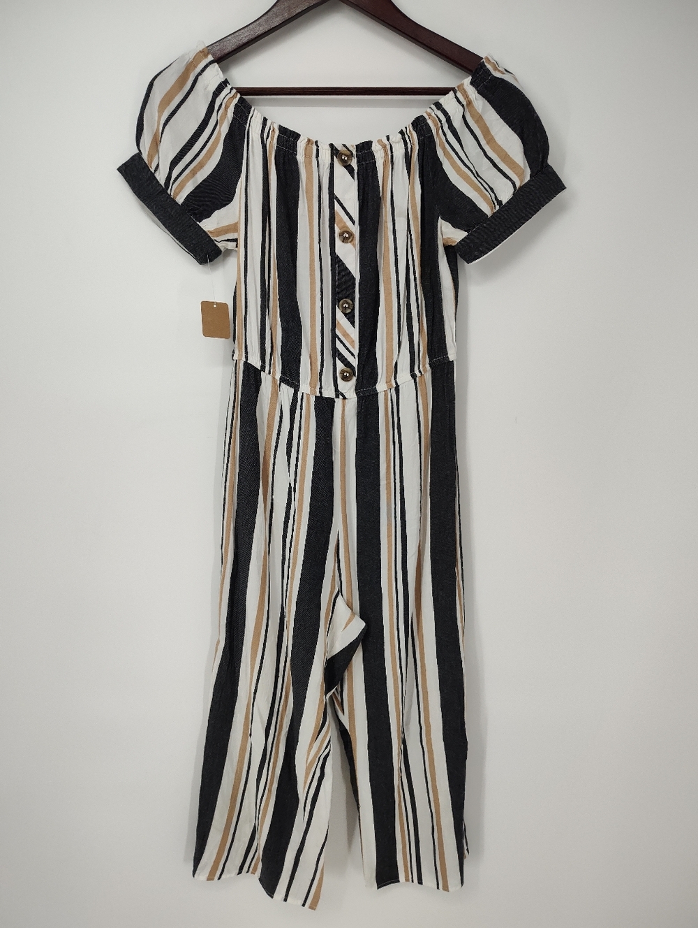 Hint Of Blush Women's Striped Jumpsuit in Charcoal White & Tan Size Small
